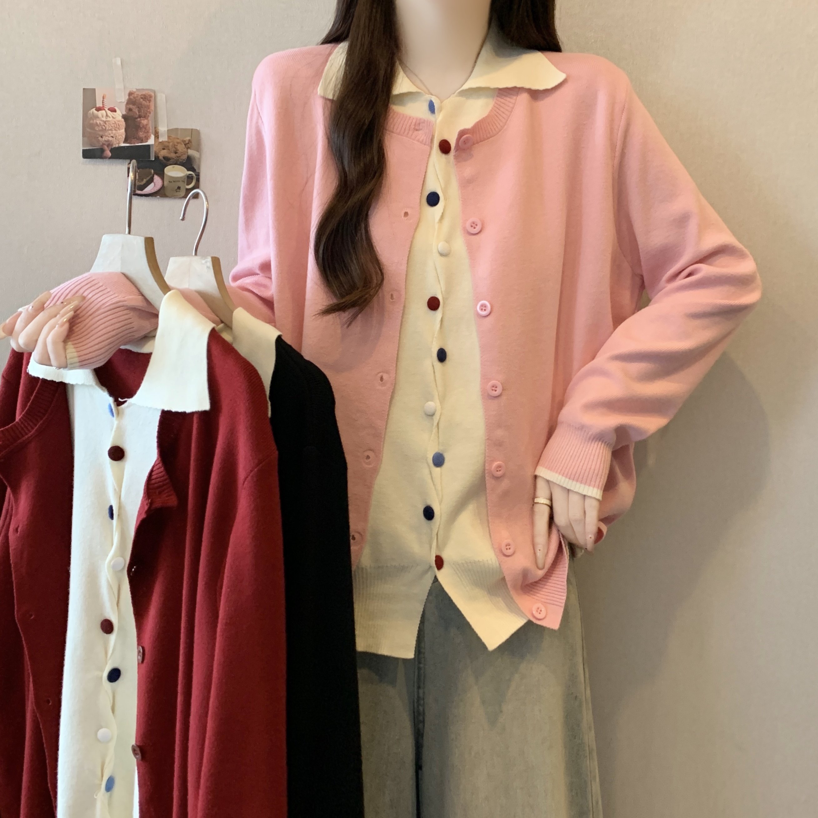 大码女装假两件针织开衫彩扣翻领毛衣秋冬新款宽松百搭长袖上衣潮,女装/女士精品,大码内搭,淘宝优惠券,粉丝福利购,淘宝优惠卷