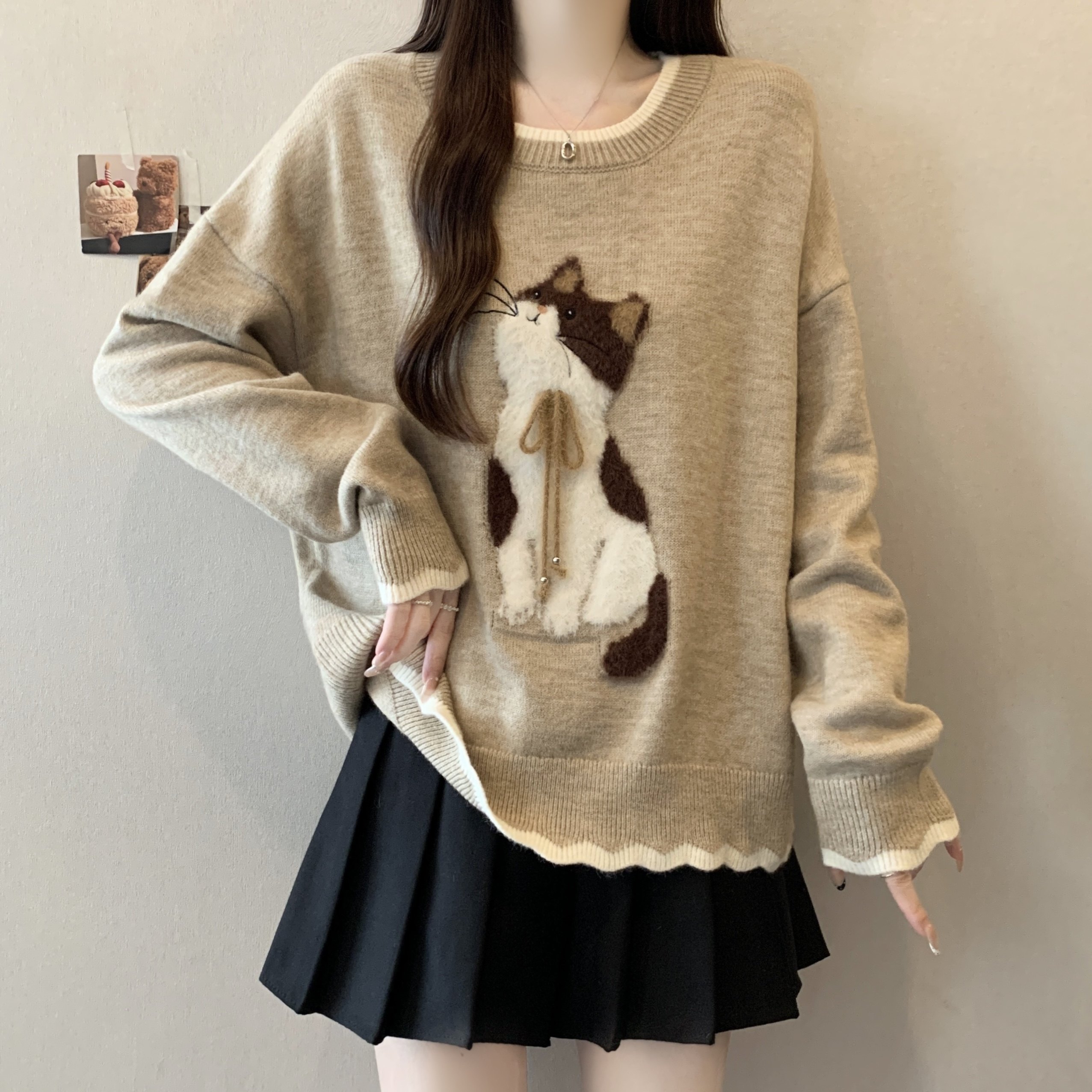 大码女装胖MM圆领可爱小猫提花针织毛衣秋冬新款宽松百搭慵懒上衣,女装/女士精品,大码内搭,淘宝优惠券,粉丝福利购,淘宝优惠卷