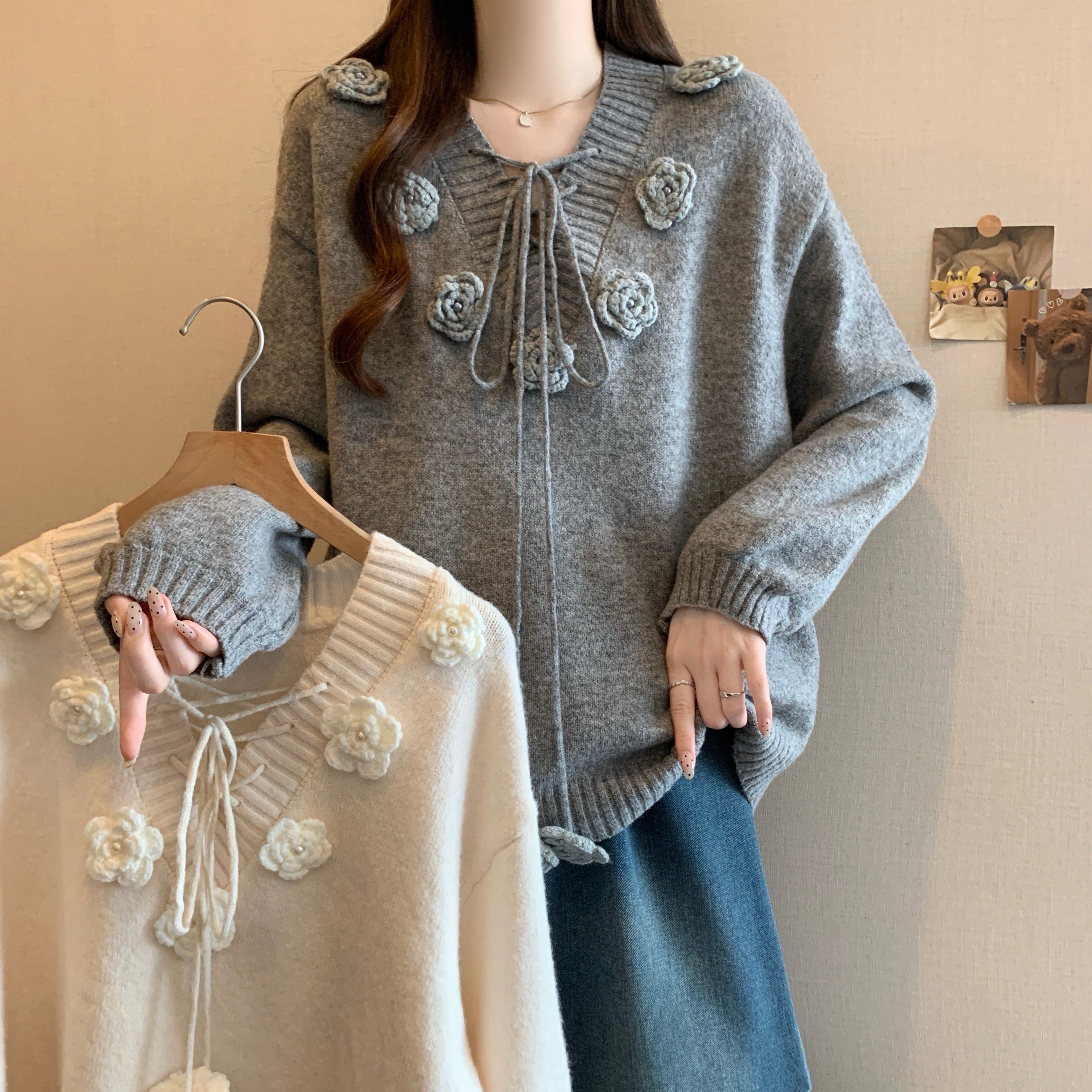 大码女装秋冬新款慵懒风宽松套头绑带毛衣女胖MM软糯立体花上衣潮,女装/女士精品,大码内搭,淘宝优惠券,粉丝福利购,淘宝优惠卷