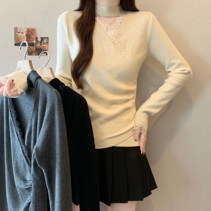 大码女装2025秋冬新款胖MM脖套镂空蕾丝交叉领长袖打底针织衫毛衣,女装/女士精品,大码内搭,淘宝优惠券,粉丝福利购,淘宝优惠卷
