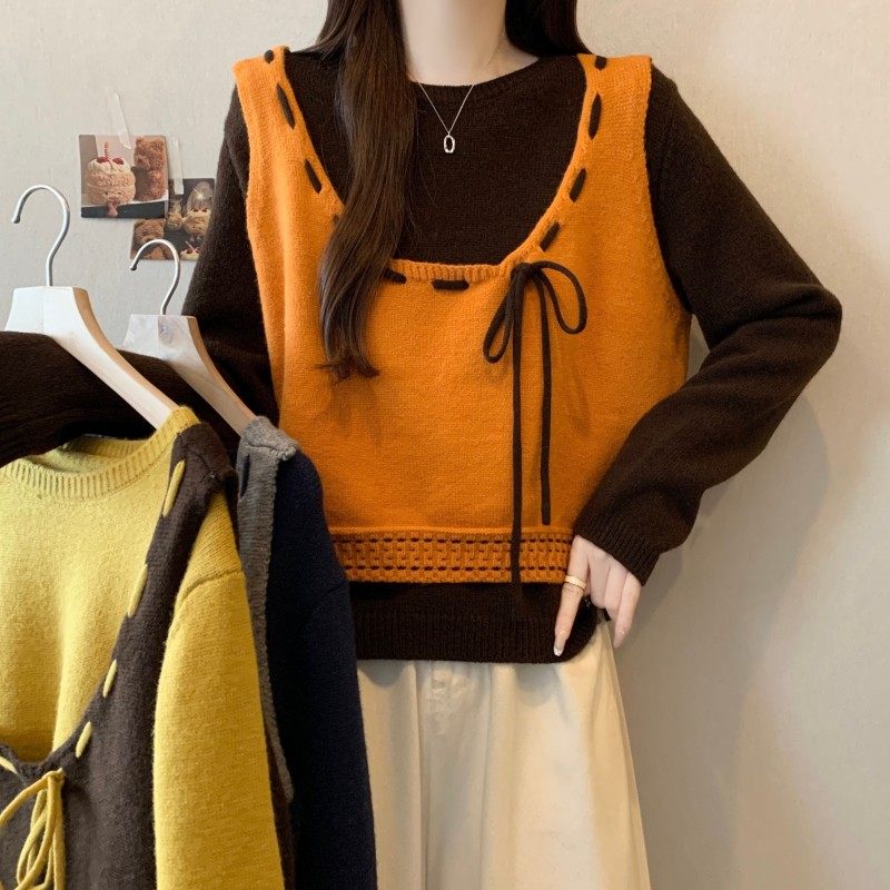 大码女装2025秋冬新款时尚百搭甜美撞色蝴蝶结圆领背心两件套毛衣,女装/女士精品,大码内搭,淘宝优惠券,粉丝福利购,淘宝优惠卷