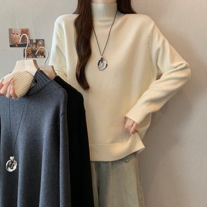 大码女装2025秋冬新款中领项链简约正肩长袖套头针织衫上衣毛衣潮,女装/女士精品,大码内搭,淘宝优惠券,粉丝福利购,淘宝优惠卷