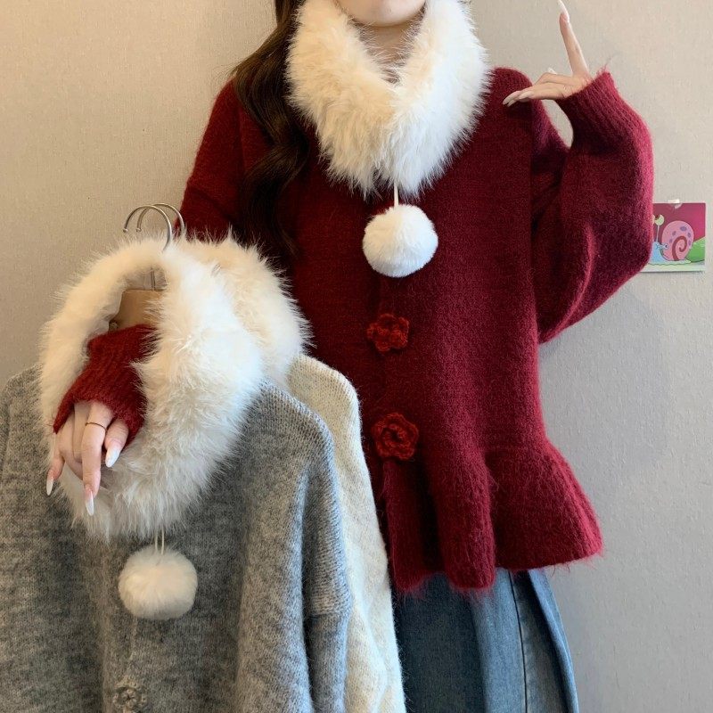 大码女装2025秋冬新款胖MM法式荷叶边下摆过年红毛领长袖开衫毛衣,女装/女士精品,大码内搭,淘宝优惠券,粉丝福利购,淘宝优惠卷