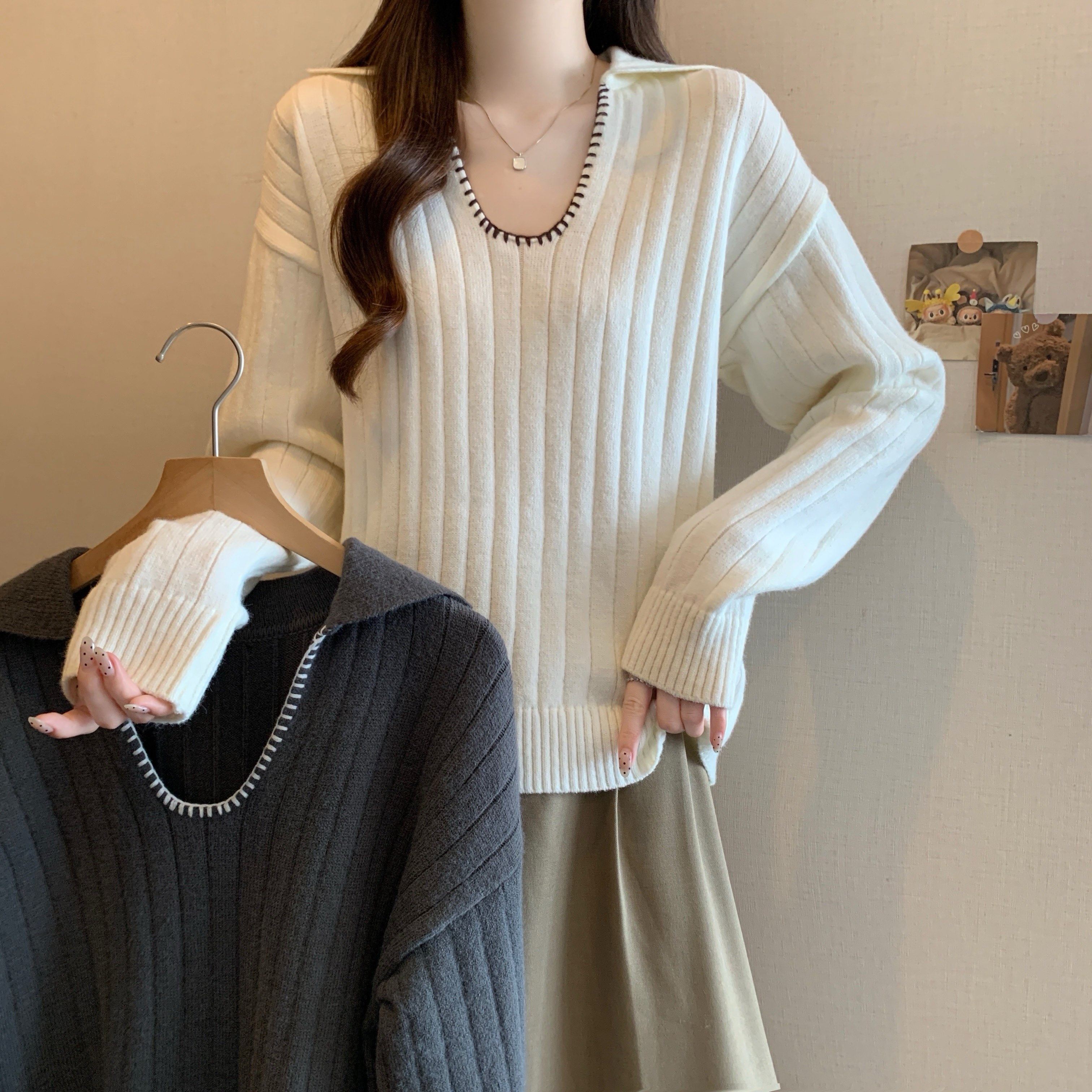 大码女装秋冬新款Polo翻领毛衣胖MM慵懒风加厚V领内搭打底针织衫,女装/女士精品,大码内搭,淘宝优惠券,粉丝福利购,淘宝优惠卷