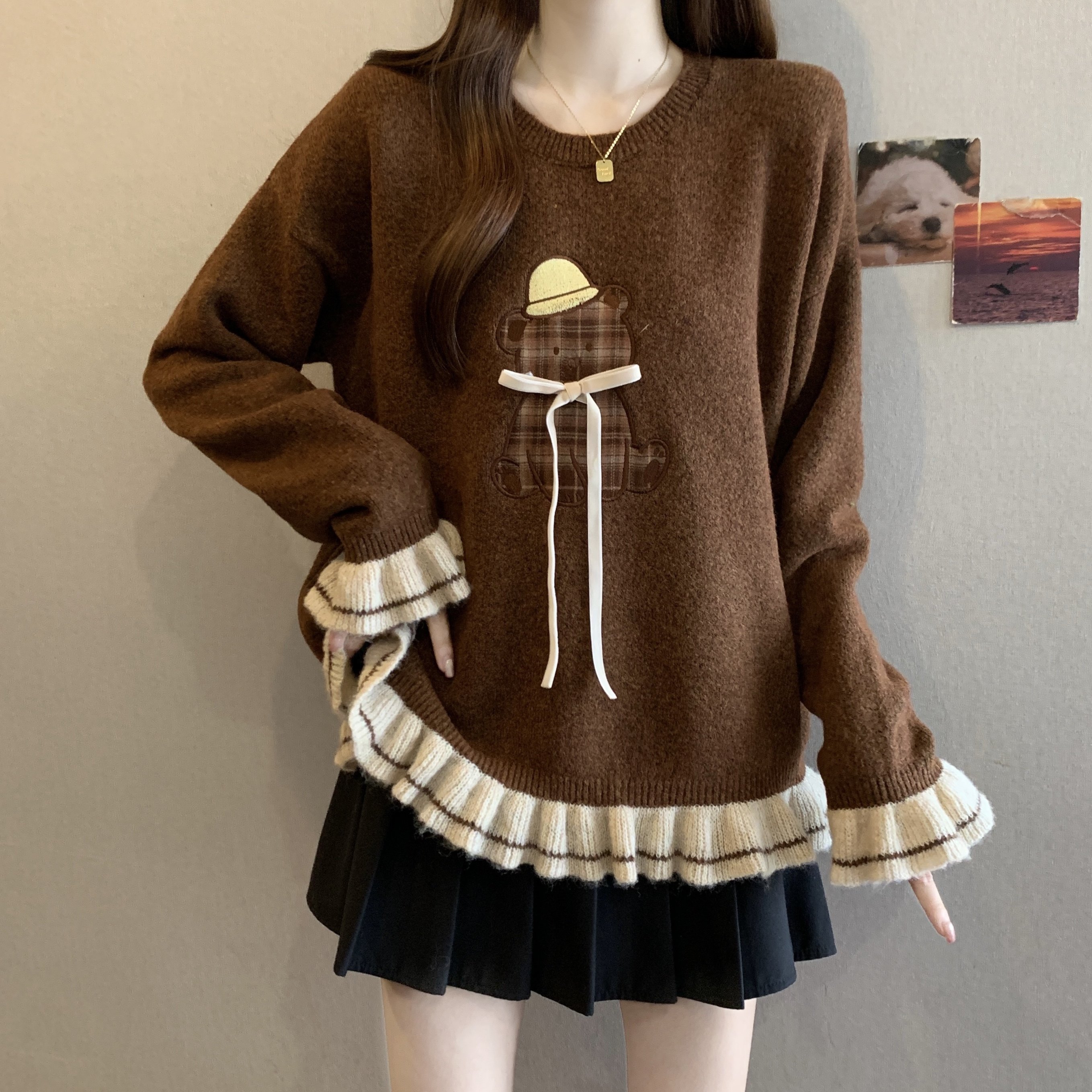 大码女装胖mm刺绣小熊图案毛衣棕色上衣秋冬新款时尚百搭针织衫潮,女装/女士精品,大码内搭,淘宝优惠券,粉丝福利购,淘宝优惠卷