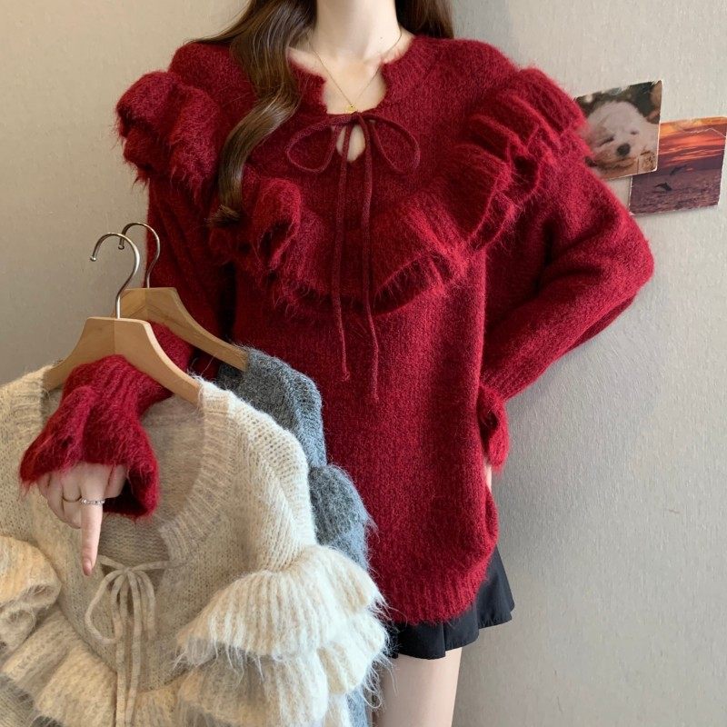 大码女装2025秋冬新款胖MM过年红法式木耳边拼接长袖套头上衣毛衣,女装/女士精品,大码内搭,淘宝优惠券,粉丝福利购,淘宝优惠卷