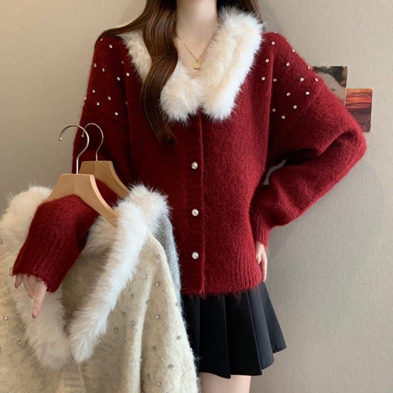 大码女装2025秋冬新款胖MM潮过年红重工钉钻法式毛领长袖开衫毛衣,女装/女士精品,大码内搭,淘宝优惠券,粉丝福利购,淘宝优惠卷