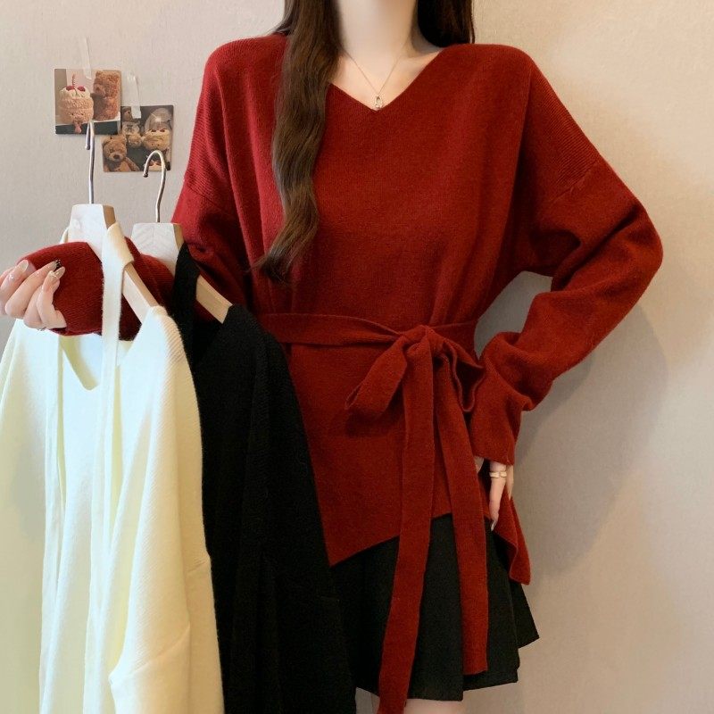 大码女装2025秋冬新款V领收腰系绳不规则下摆长袖套头上衣毛衣潮,女装/女士精品,大码内搭,淘宝优惠券,粉丝福利购,淘宝优惠卷