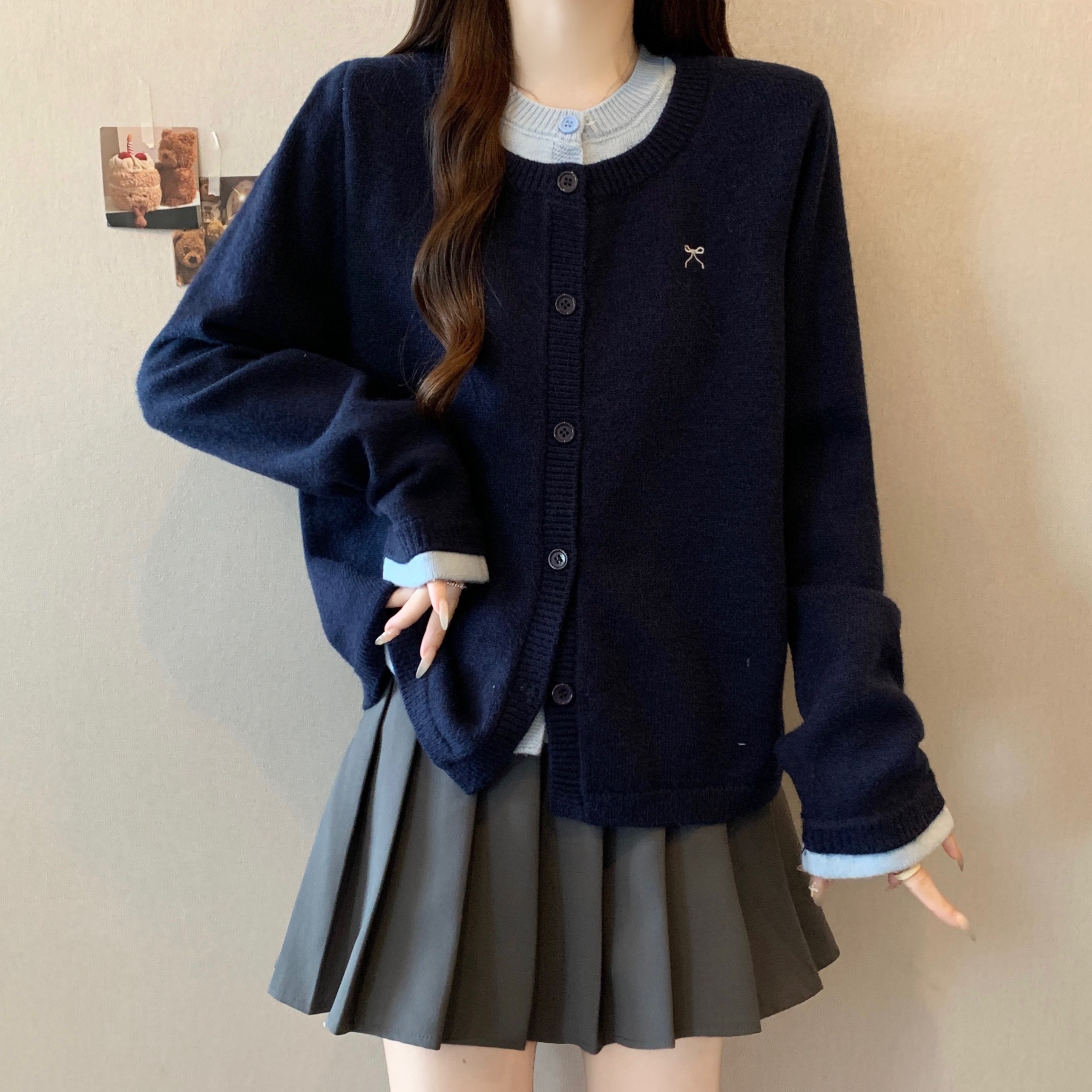 大码女装胖mm假两件长袖针织衫秋季新款时尚百搭毛衣开衫外套上衣,女装/女士精品,大码内搭,淘宝优惠券,粉丝福利购,淘宝优惠卷