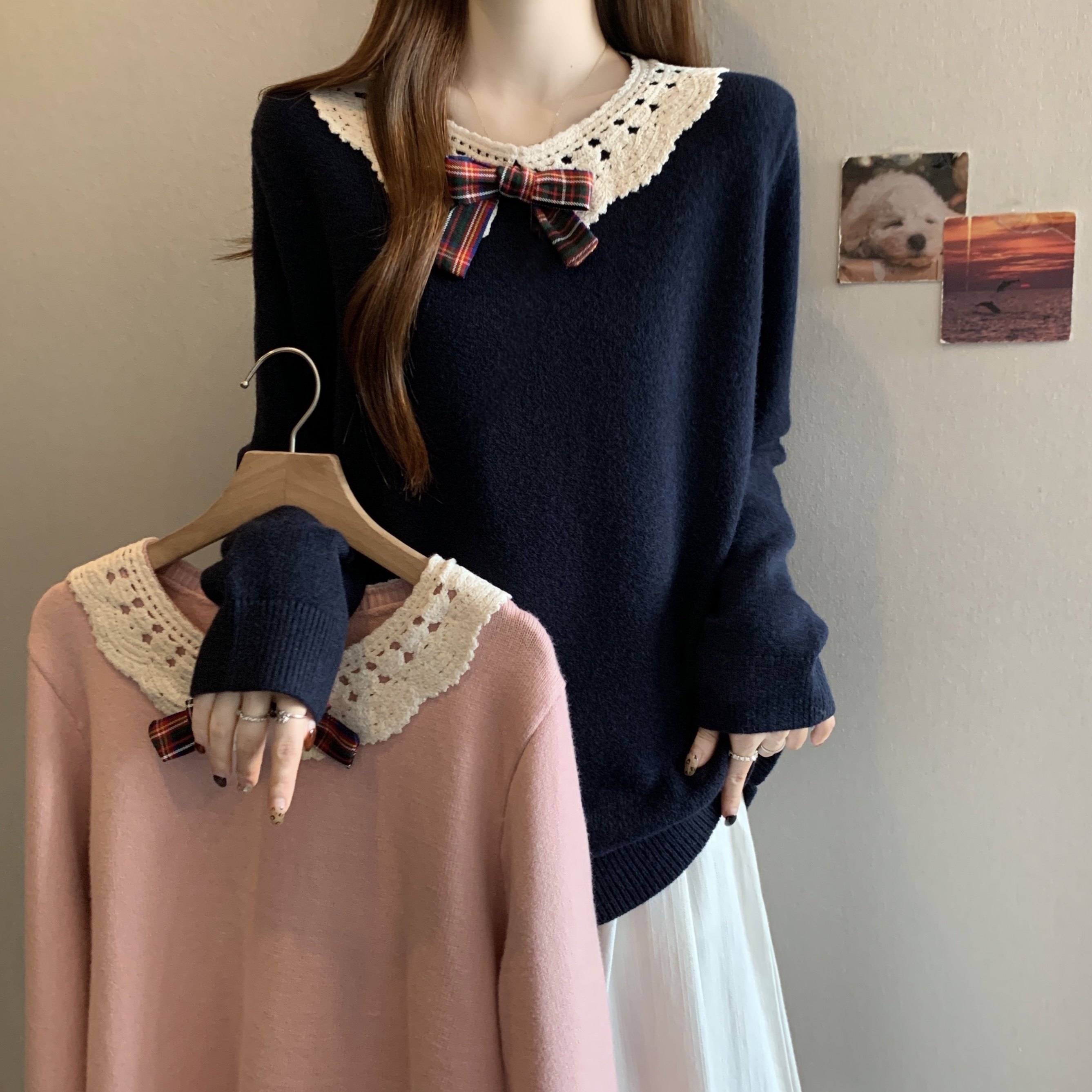 大码女装撞色蝴蝶结娃娃领毛衣秋冬新款胖mm复古百搭长袖针织衫潮,女装/女士精品,大码内搭,淘宝优惠券,粉丝福利购,淘宝优惠卷