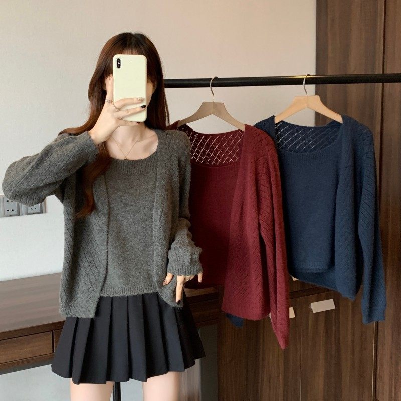 大码女装2025秋季新款时尚百搭方领吊带长袖正肩开衫毛衣两件套潮,女装/女士精品,大码内搭,淘宝优惠券,粉丝福利购,淘宝优惠卷