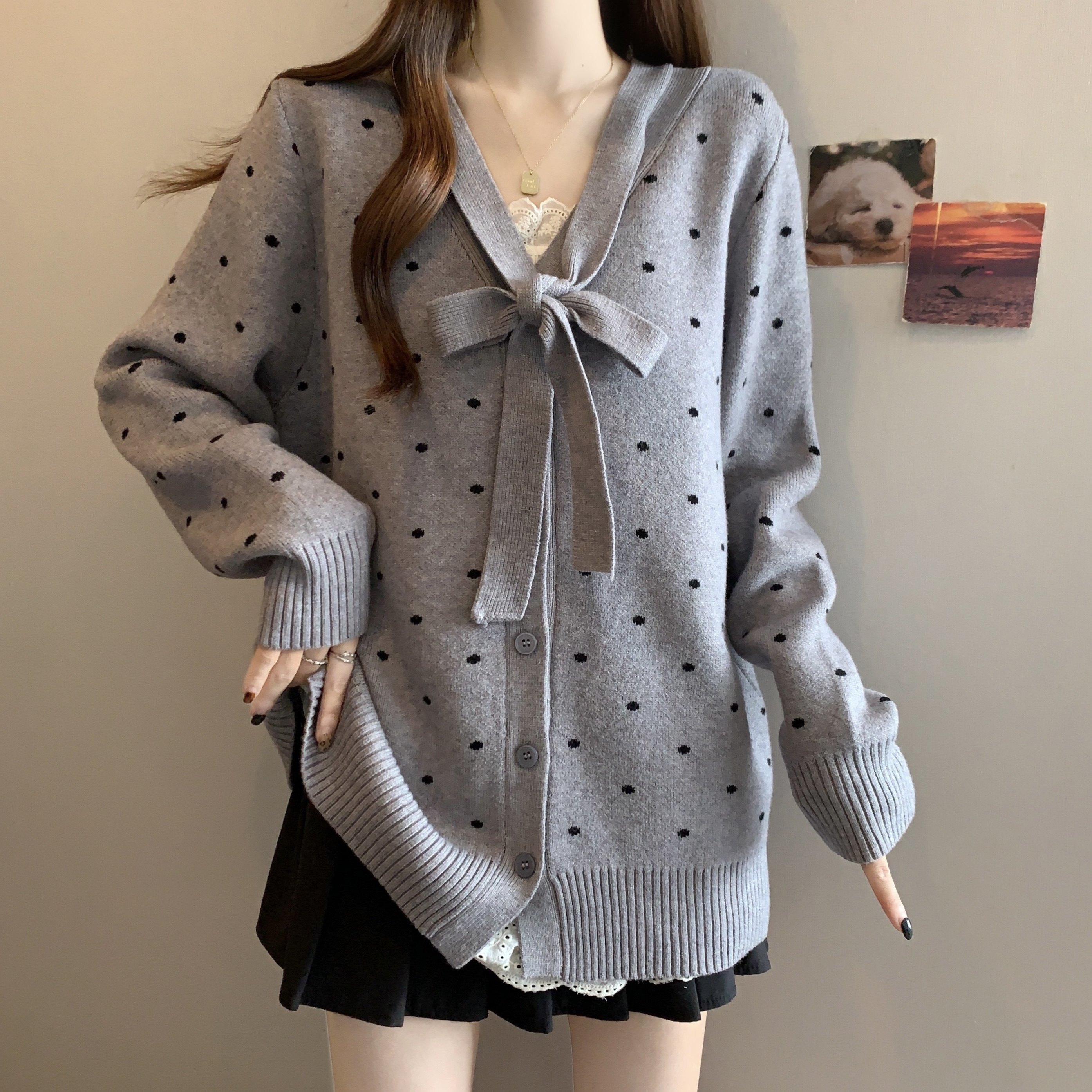 大码女装波点蝴蝶结系带针织开衫秋冬新款设胖MM计感小众毛衣外套,女装/女士精品,大码内搭,淘宝优惠券,粉丝福利购,淘宝优惠卷