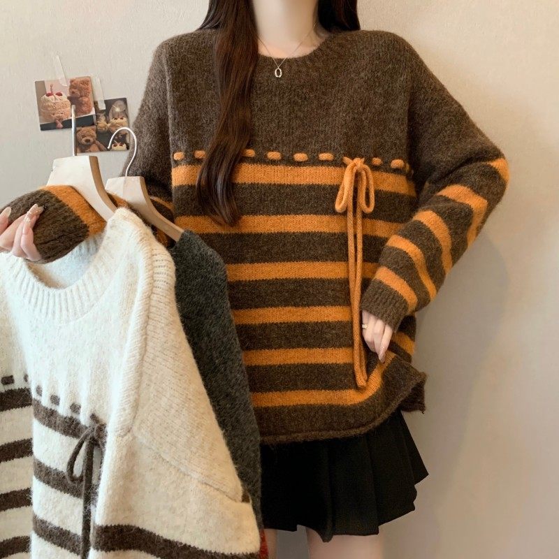 大码女装2025秋冬新款胖MM圆领蝴蝶结撞色条纹长袖套头上衣毛衣潮,女装/女士精品,大码内搭,淘宝优惠券,粉丝福利购,淘宝优惠卷