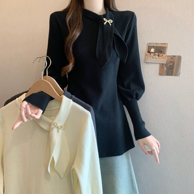 大码女装2025秋冬新款法式气质蝴蝶领结收腰正肩长袖套头上衣毛衣,女装/女士精品,大码内搭,淘宝优惠券,粉丝福利购,淘宝优惠卷