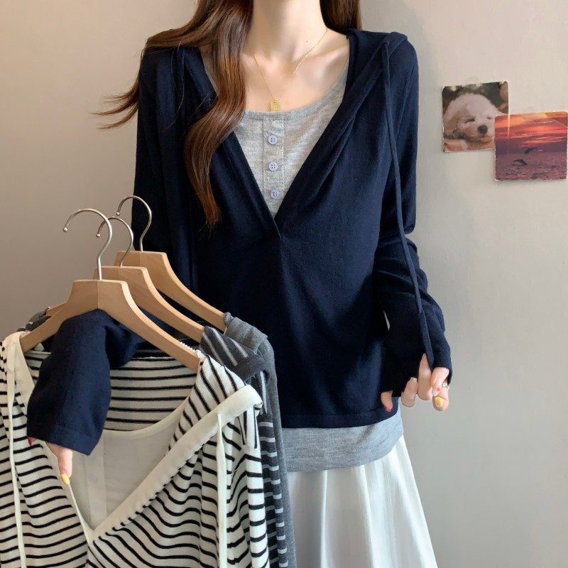 大码女装2025秋季新款胖MM连帽撞色假两件长袖正肩上衣针织毛衣潮,女装/女士精品,大码内搭,淘宝优惠券,粉丝福利购,淘宝优惠卷