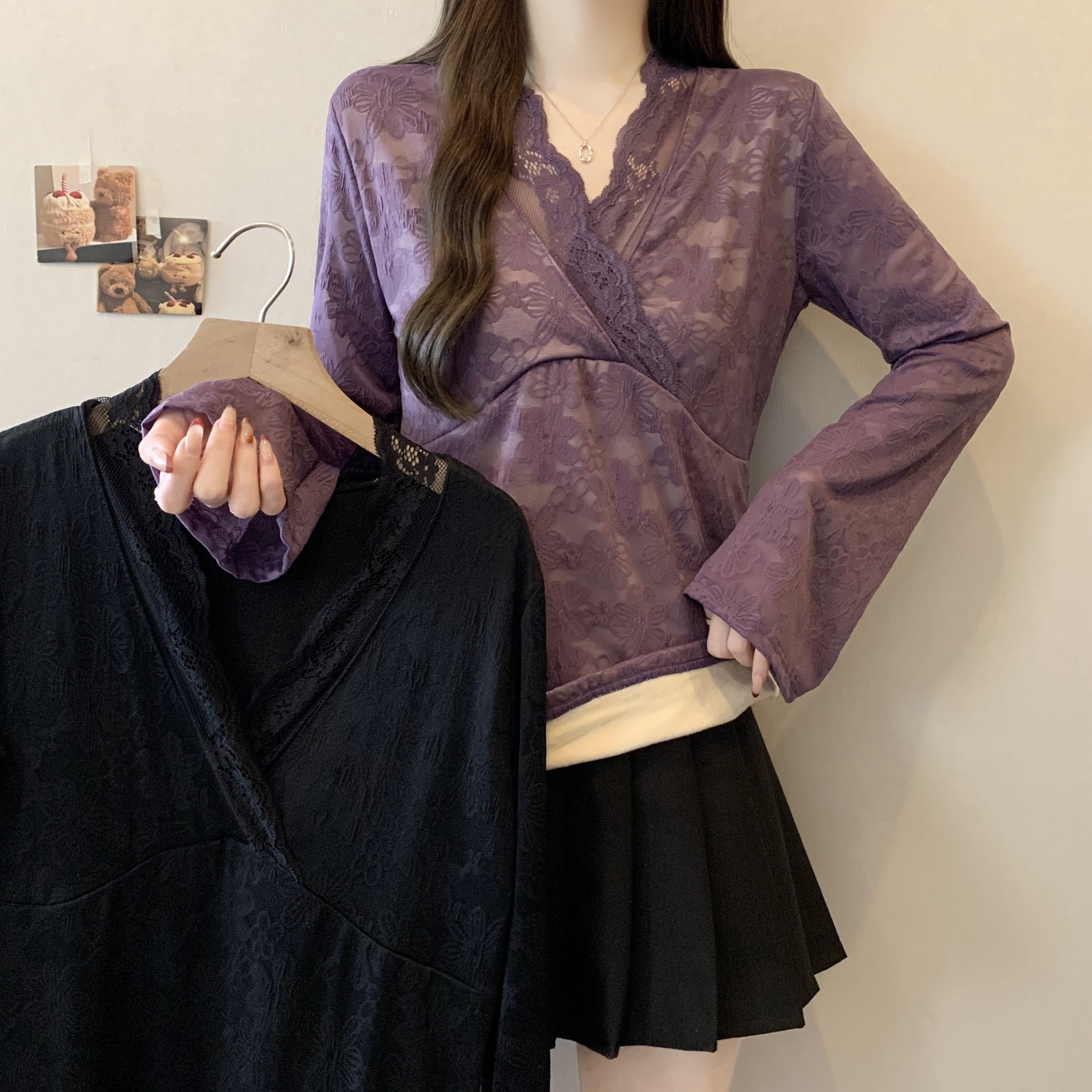 大码女装胖mm性感紫色V领蕾丝加绒打底衫修身内搭纯欲辣妹上衣潮,女装/女士精品,大码内搭,淘宝优惠券,粉丝福利购,淘宝优惠卷