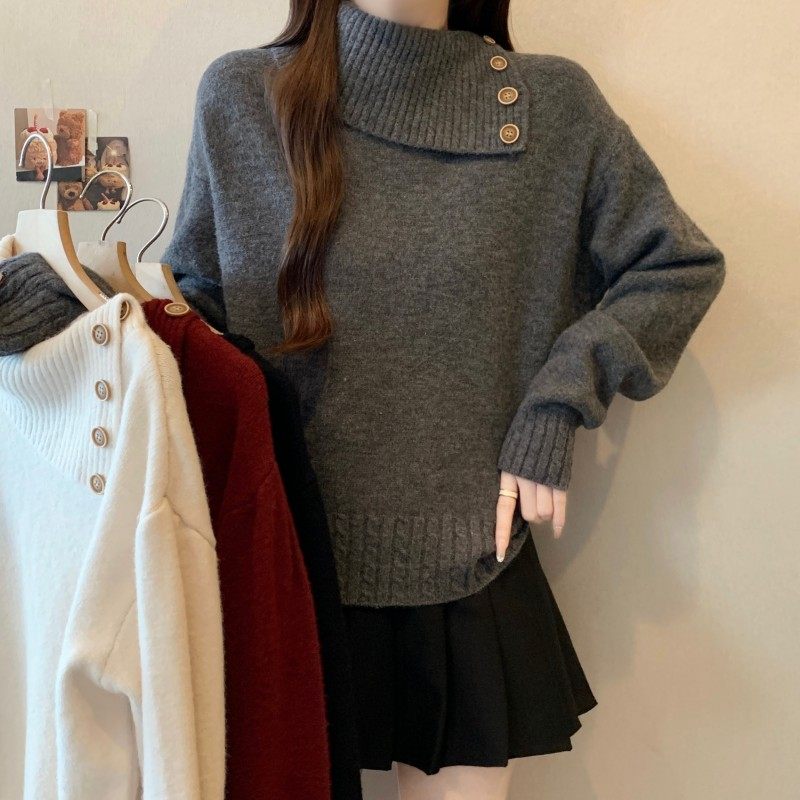 大码女装2025秋冬新款胖MM法式翻领一排扣落肩袖套头长袖上衣毛衣,女装/女士精品,大码内搭,淘宝优惠券,粉丝福利购,淘宝优惠卷