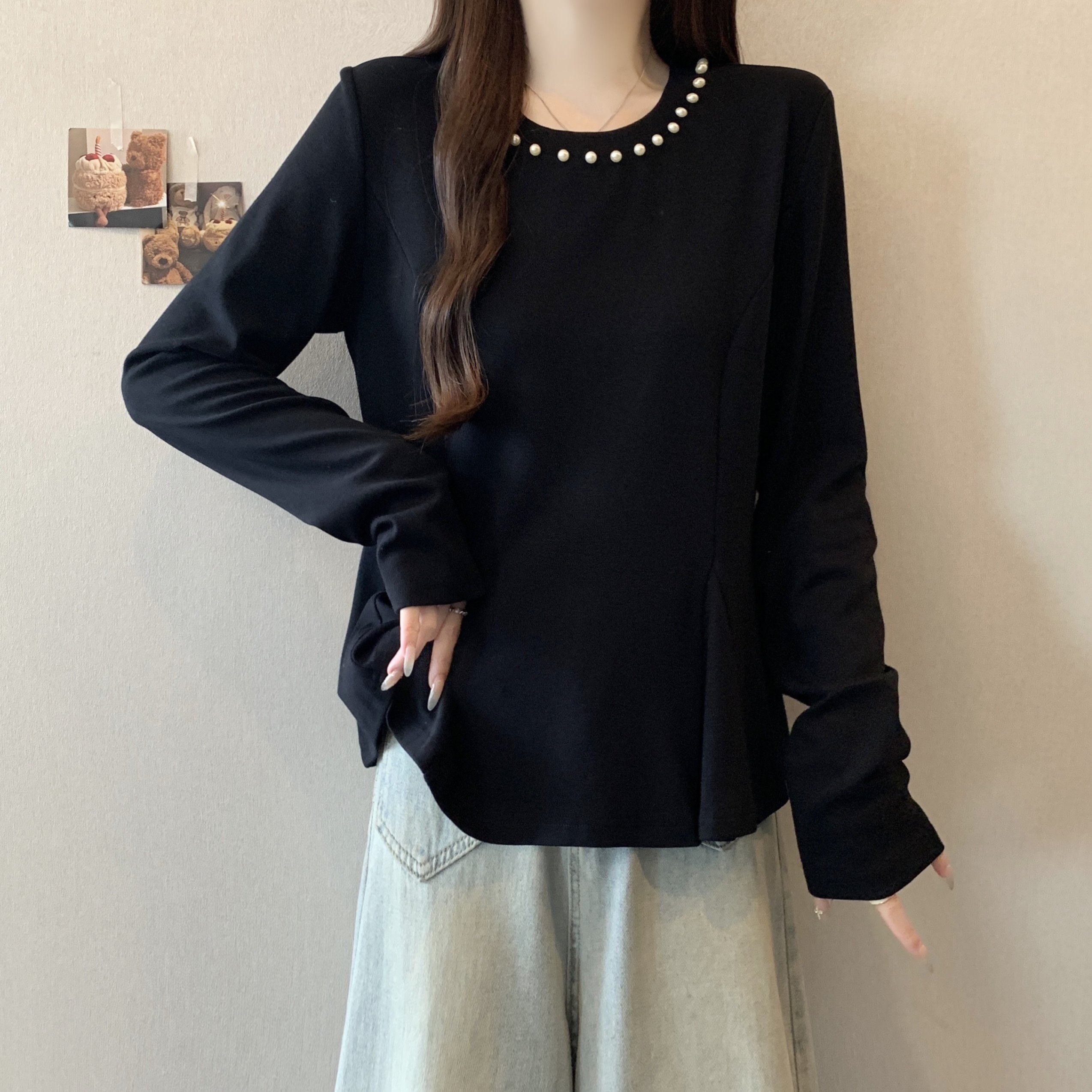 大码女装时尚百搭长袖T恤秋季新款胖MM荷叶边上衣内搭钉珠打底衫,女装/女士精品,大码内搭,淘宝优惠券,粉丝福利购,淘宝优惠卷
