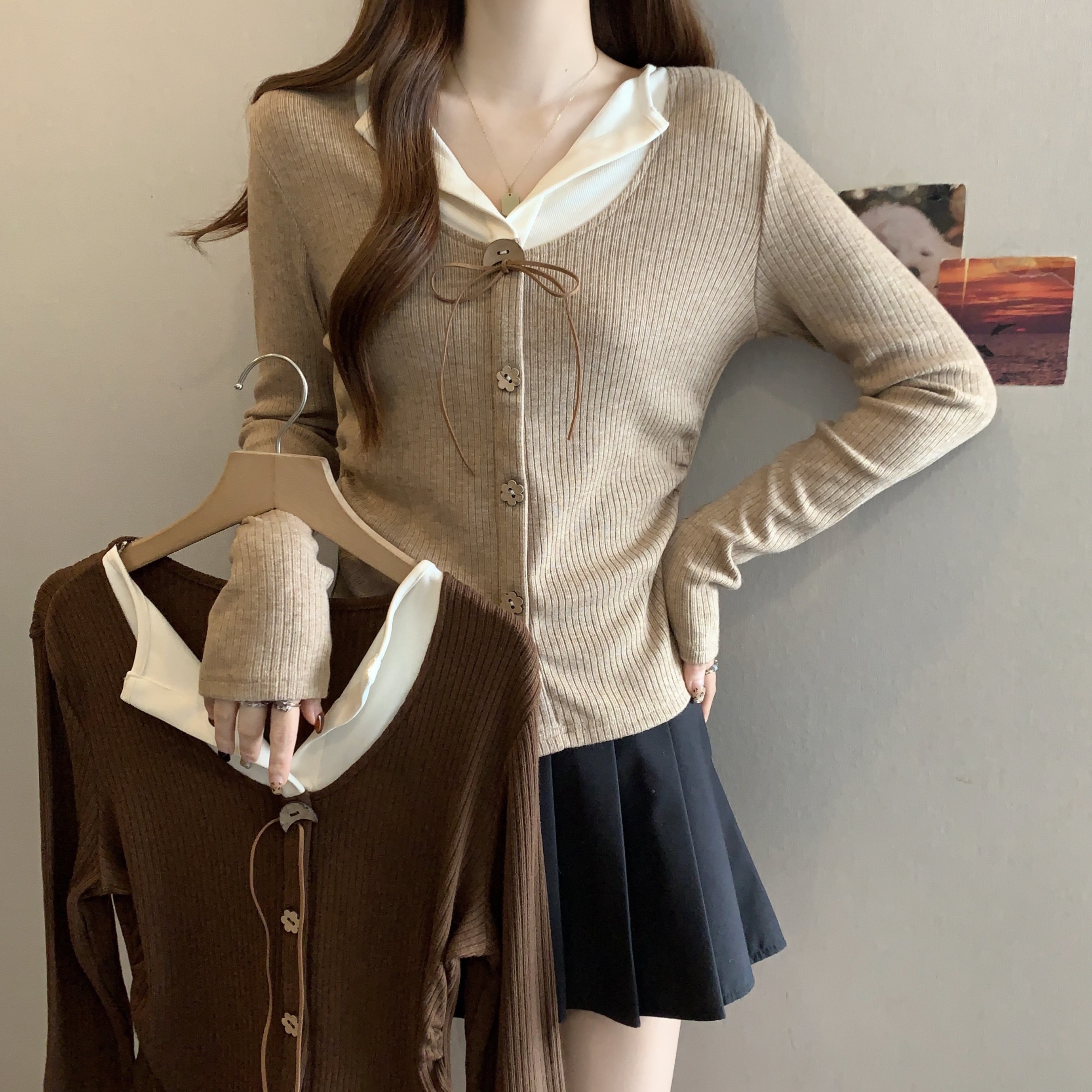 大码女装撞色长袖针织开衫2025秋冬新款胖mm修身内搭假两件上衣潮,女装/女士精品,大码内搭,淘宝优惠券,粉丝福利购,淘宝优惠卷