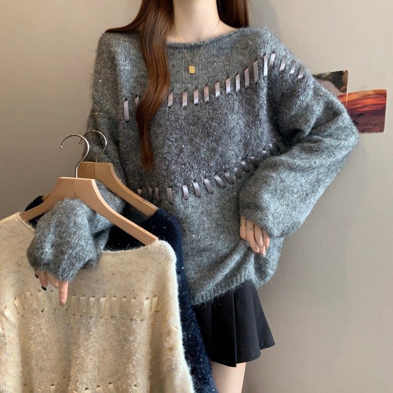 大码女装2025秋冬新款胖MM圆领设计感穿绳落肩袖套头长袖上衣毛衣,女装/女士精品,大码内搭,淘宝优惠券,粉丝福利购,淘宝优惠卷