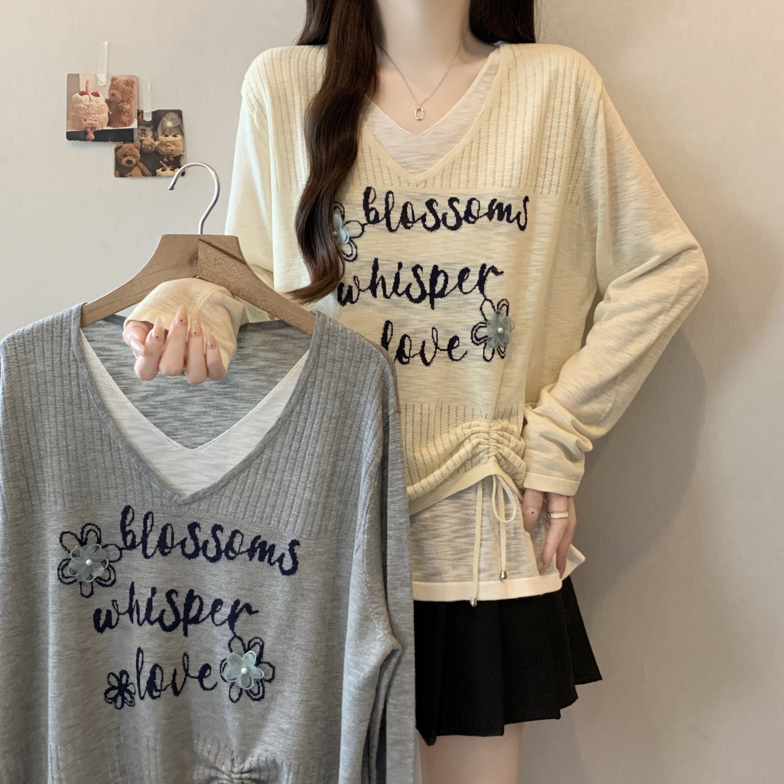 大码女装韩系别致针织衫秋季新款胖MM字母印花V领假两件抽绳上衣,女装/女士精品,大码内搭,淘宝优惠券,粉丝福利购,淘宝优惠卷