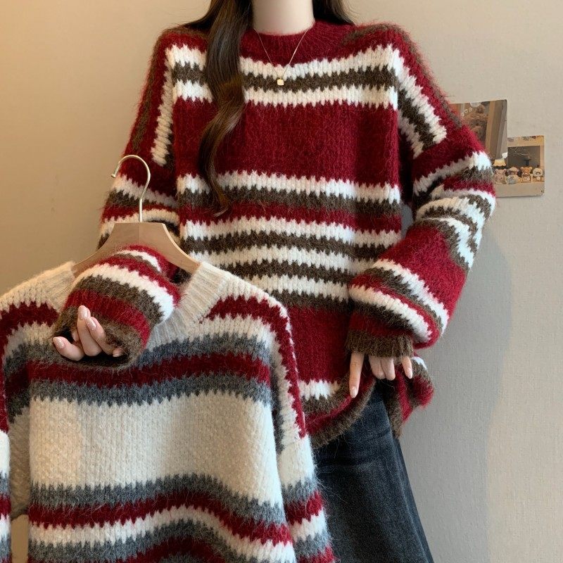 大码女装2025秋冬新款胖MM过年红时尚圆领条纹长袖套头上衣毛衣潮,女装/女士精品,大码内搭,淘宝优惠券,粉丝福利购,淘宝优惠卷