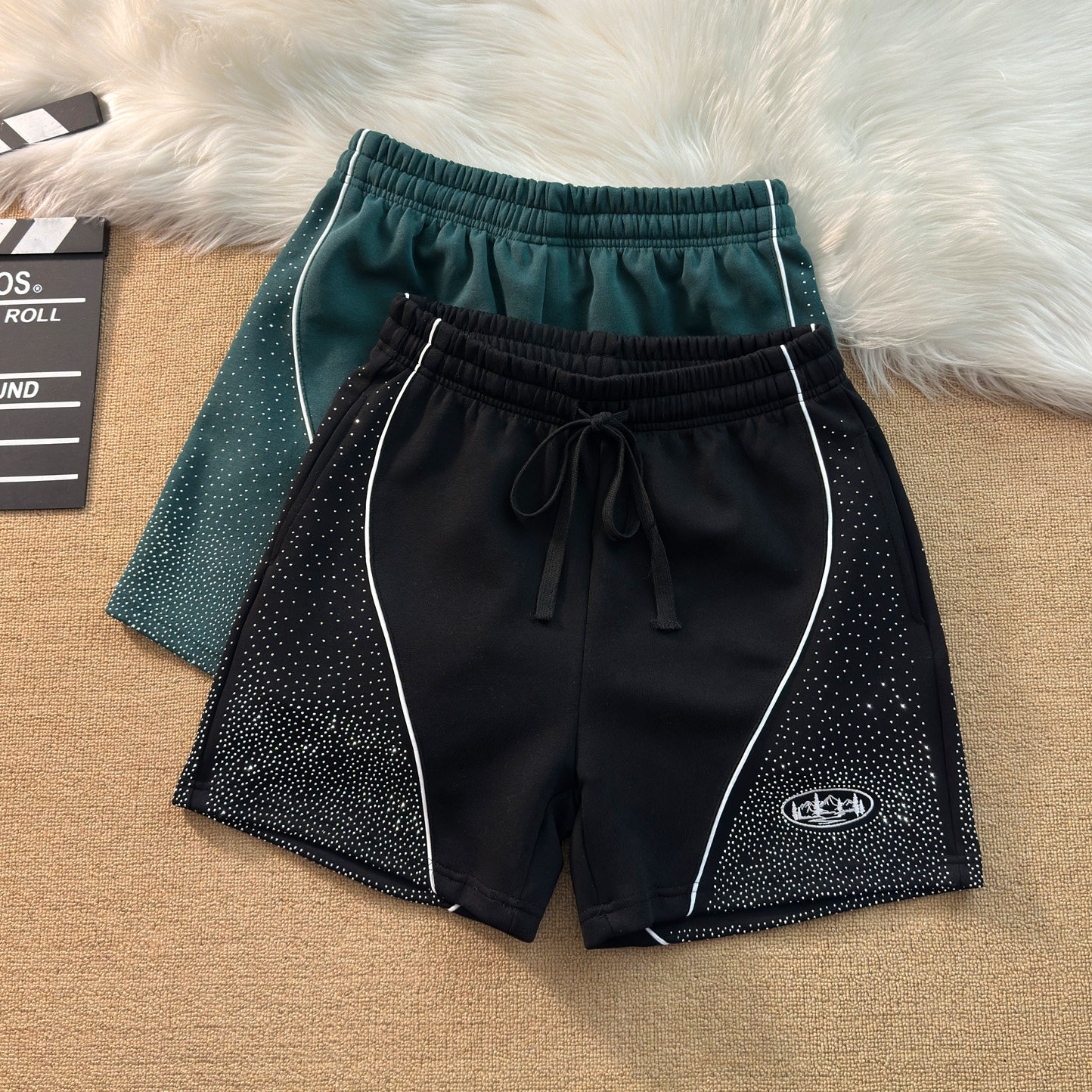 欧美轻奢设计感街头满天星烫钻拼接短裤夏季男女沙滩休闲四分裤子,男装,短裤,淘宝优惠券,粉丝福利购,淘宝优惠卷