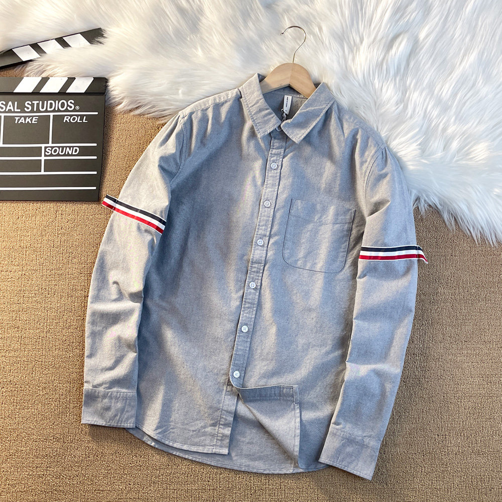 拼织带牛津纺商务衬衣潮显瘦舒适质感衬衫长袖男秋季休闲翻领港风