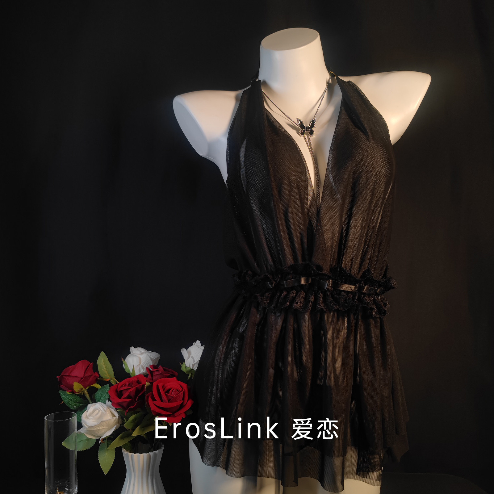 ErosLink性感网纱睡裙床上大尺度趣味透视约会挂脖连衣裙情趣睡衣