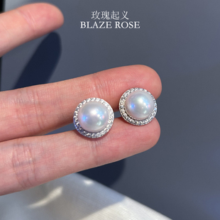 正品 11mm正圆强光礼物镶钻耳环纯银 天然淡水珍珠耳钉6A爱迪生10