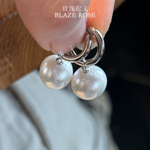 许红豆同款 13mm两戴素圈耳环纯银 天然淡水珍珠耳扣正圆爱迪生10