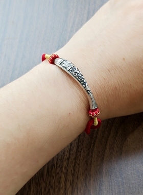 纯手工编织红绳银鱼手链女款转运财富纯银刻莲花寓意嘉