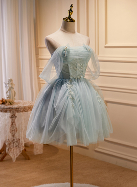 灰色网纱短款礼服高级轻奢气质名媛生日party聚会主持人纱裙小个