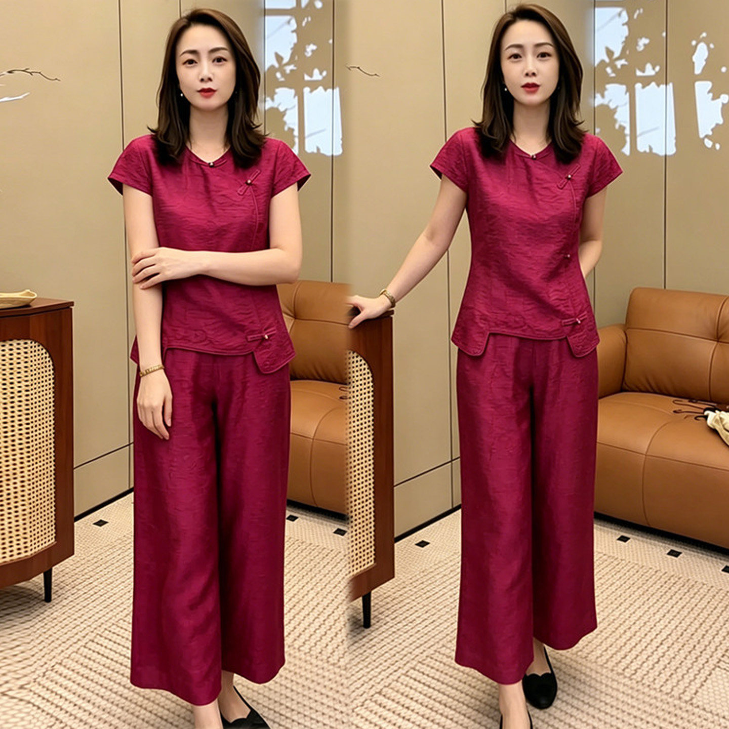 新中式夏季显瘦阔腿裤两件套女潮