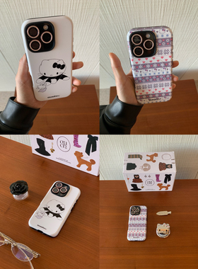 ouchtv原创手绘冬季节日气氛KT猫猫手机壳可爱少女复古适用于iphone16promax