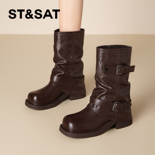 星期六秋冬圆头厚底增高骑士靴中筒堆堆靴女SSD4116CHE St&Sat