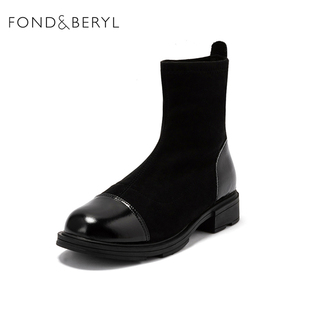 Fondberyl/菲伯丽尔秋冬牛皮拼接弹力袜厚底增高短靴女FB14116098