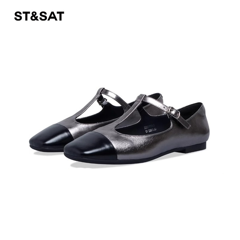 St&Sat/星期六春秋新款羊皮拼接一字扣带低跟单鞋女SS33111843,女鞋,浅口单鞋,淘宝优惠券,粉丝福利购,淘宝优惠卷