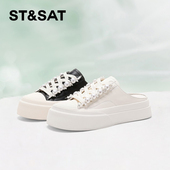 一脚蹬包头拖鞋 St&Sat 星期六春秋牛皮珍珠厚底板鞋 女SSC1114C0L