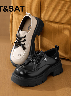St&Sat/星期六春秋新款蝴蝶结乐福鞋粗高跟系带单鞋女SSD1112C2H
