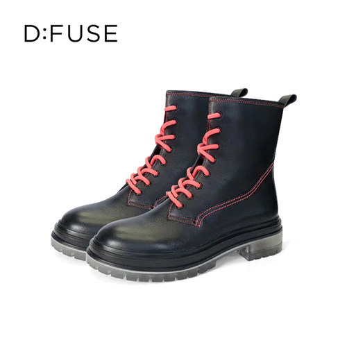 迪芙斯英伦风牛皮厚底增高短靴女