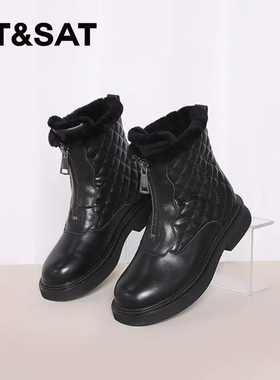 St&Sat/星期六冬季牛皮前拉链厚底保暖绒里时装短靴女SS1411A051
