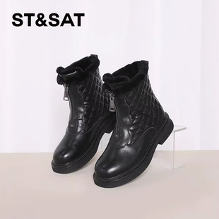 短靴女SS1411A051 牛皮前拉链厚底保暖绒里时装 St&Sat 星期六冬季