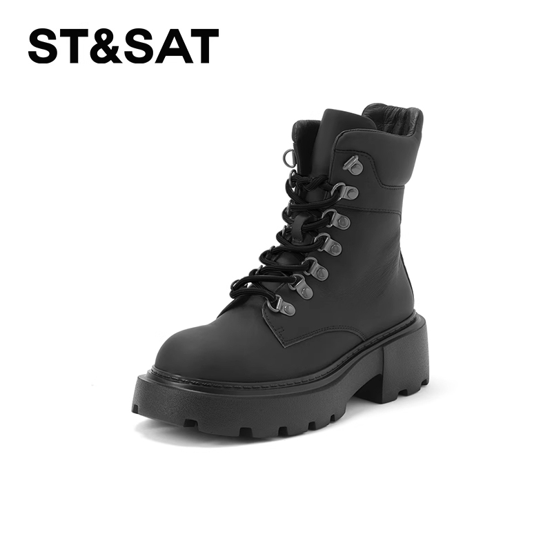 星期六牛皮保暖绒里系带短靴女