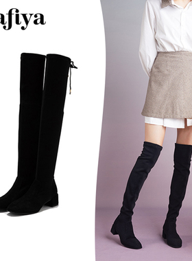 Safiya/索菲娅秋冬圆头弹力靴粗跟后系带过膝长靴女SF14117021