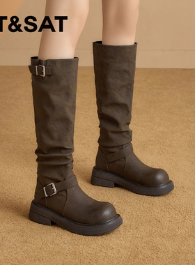 St&Sat/星期六秋冬长筒骑士靴西部靴厚底增高堆堆靴女SSD4117C83