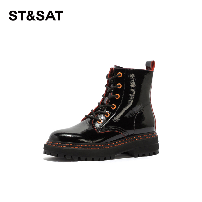 星期六羊皮前系带厚底单靴女