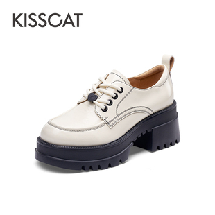 粗跟英伦小皮鞋 KISS CAT 接吻猫春秋牛皮系带乐福鞋 女KA42191