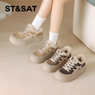 女SSD411DCTJ 加绒保暖休闲板鞋 St&Sat 星期六秋冬圆头厚底德训鞋