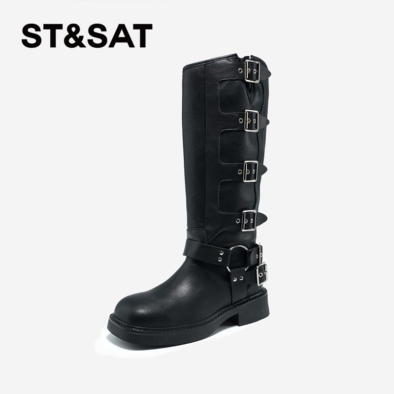 星期六时尚皮带扣百搭高筒骑士靴